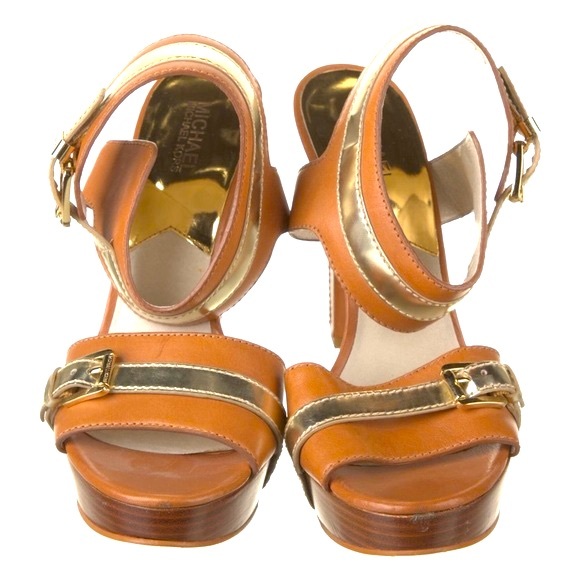 Michael Kors Brown & Gold Leather Peep Toe Ankle Strap Sandals, Women’s Size 5M. - Picture 7 of 13